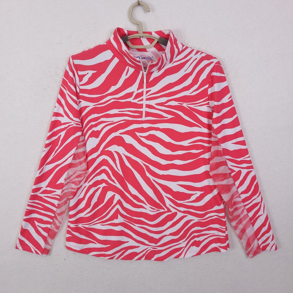 IBKUL Quarter Zip Shirt Womens L Golf Tennis Pink Zebra Print Mesh Active Top